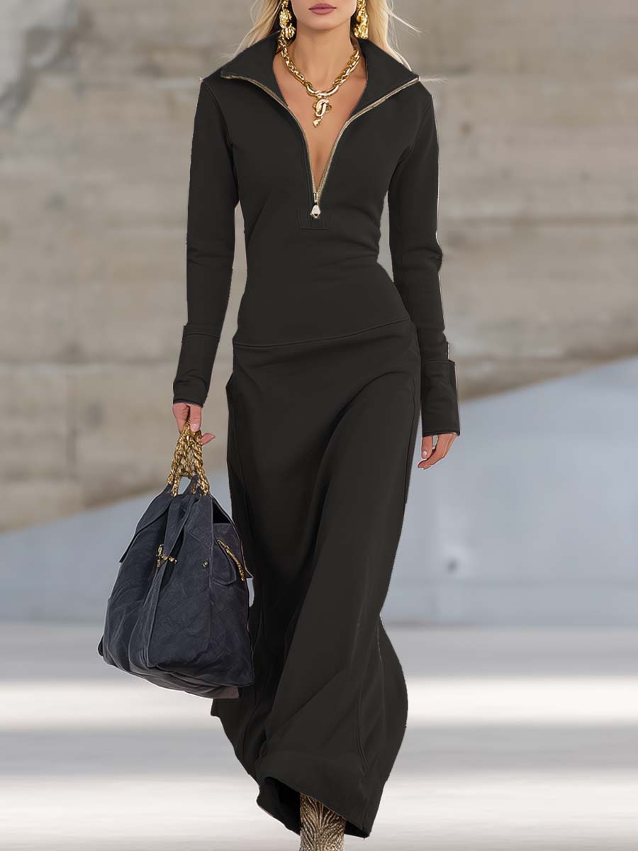 Zalina - Sporty Zip-Front Maxi Dress