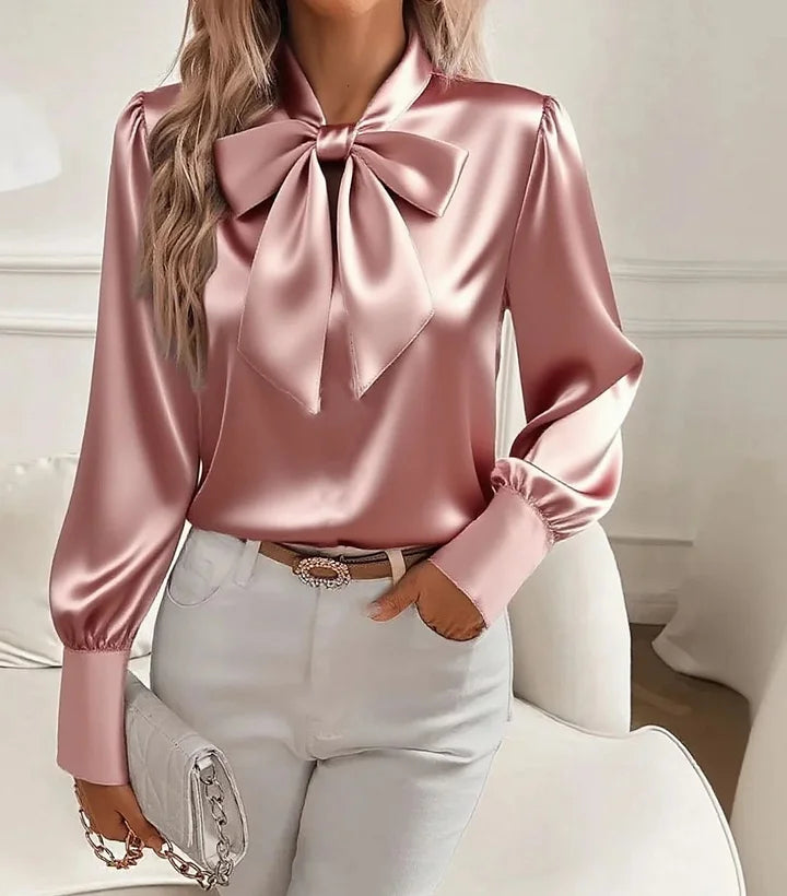 Amelique™ - Satin Bow-Tie V-Neck Blouse