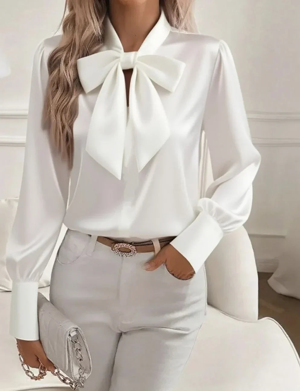 Amelique™ - Satin Bow-Tie V-Neck Blouse