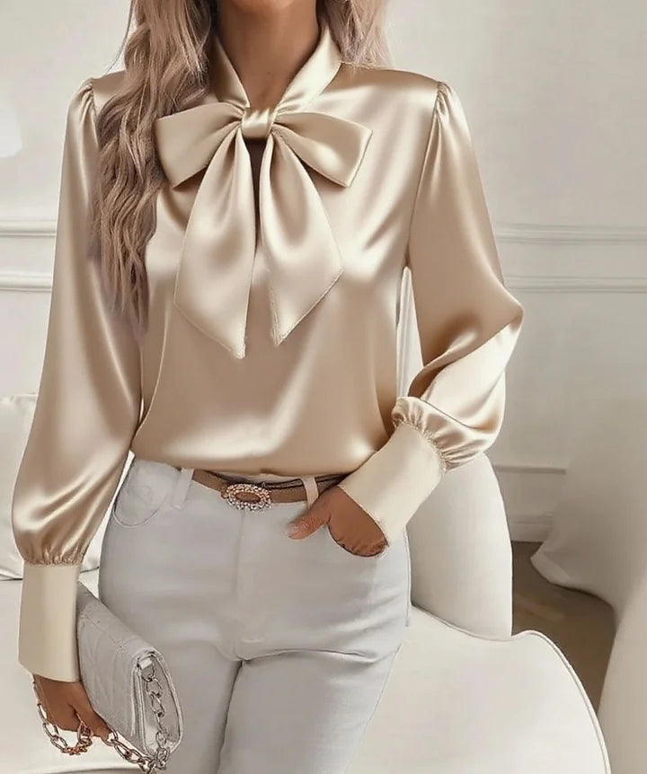 Amelique™ - Satin Bow-Tie V-Neck Blouse