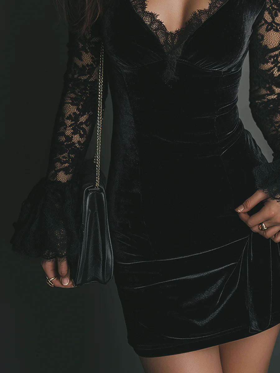 Orinthia - Lace Trim Velvet Mini Dress