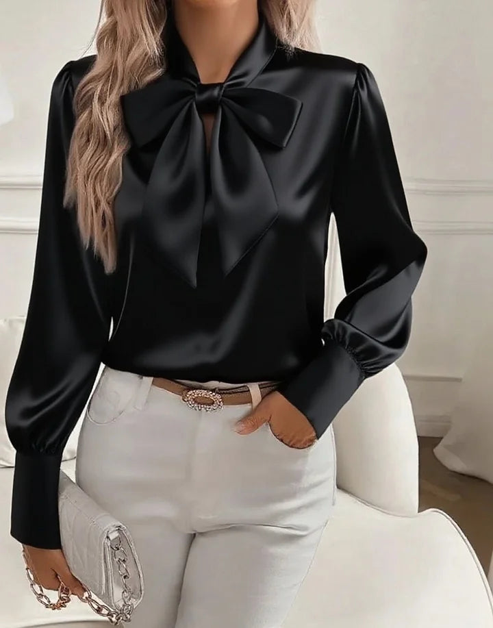 Amelique™ - Satin Bow-Tie V-Neck Blouse