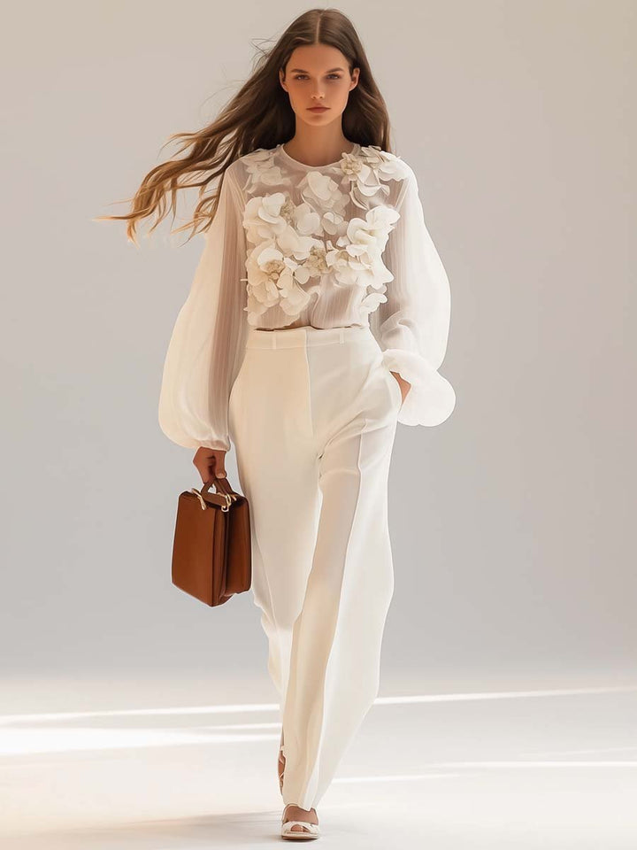 Jianora™ - Floral Accent Chiffon Blouse