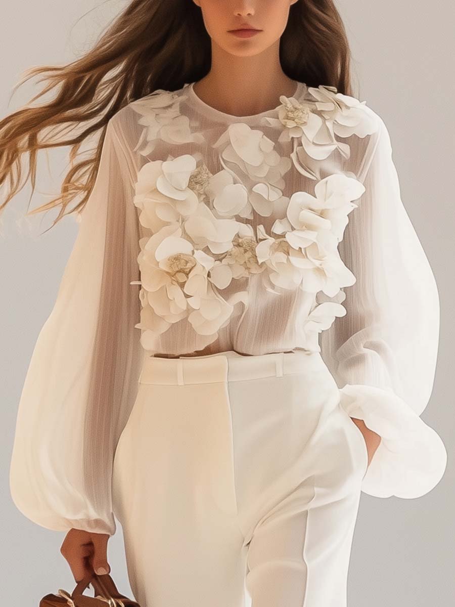 Jianora™ - Floral Accent Chiffon Blouse